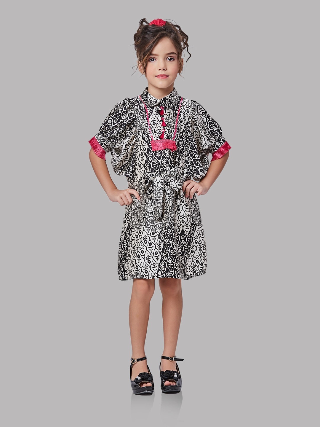 

Peppermint Girls Floral Printed Cuffed Sleeves Cotton Satin Fringed A-Line Dress, Black