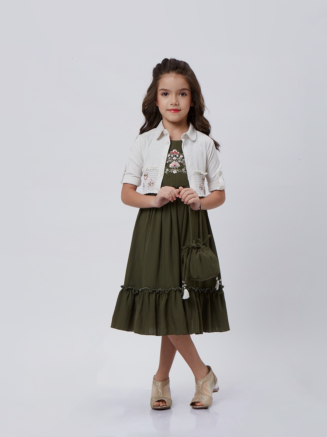 

Peppermint Girls Floral Embroidered Cotton Tiered Fit & Flare Midi Dress With Jacket, Olive