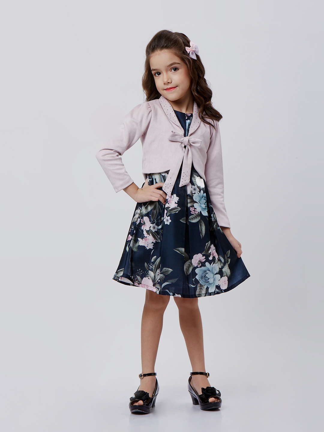 

Peppermint Girls Floral Printed Satin A-Line Dress, Navy blue