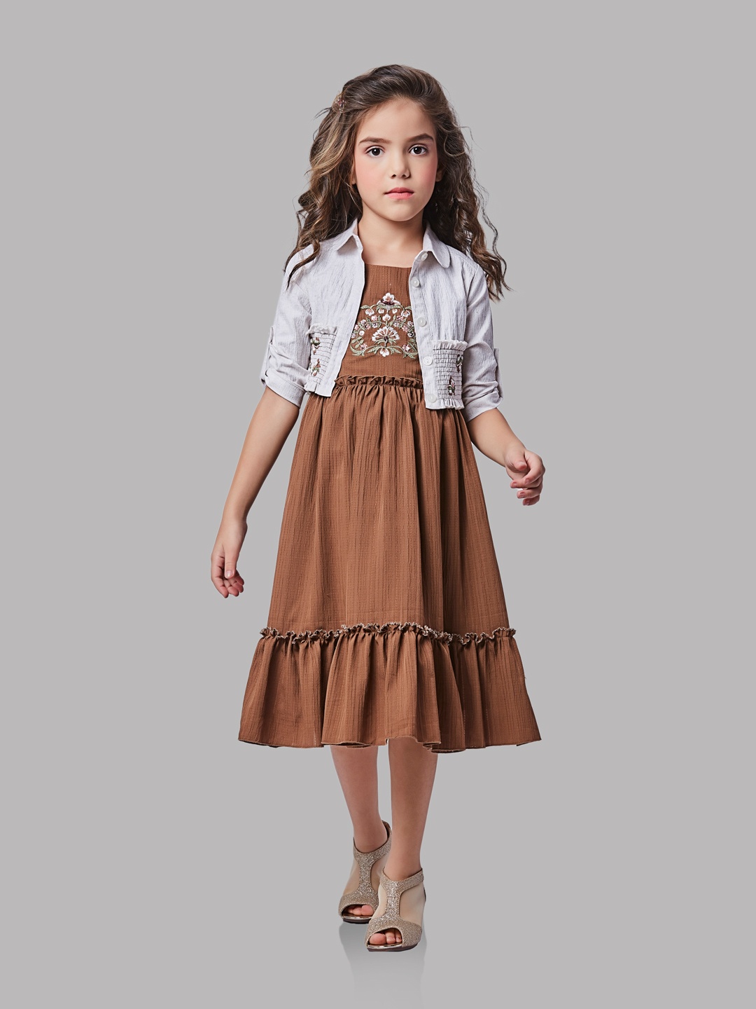 

Peppermint Girls Floral Embroidered A-Line Dress, Brown