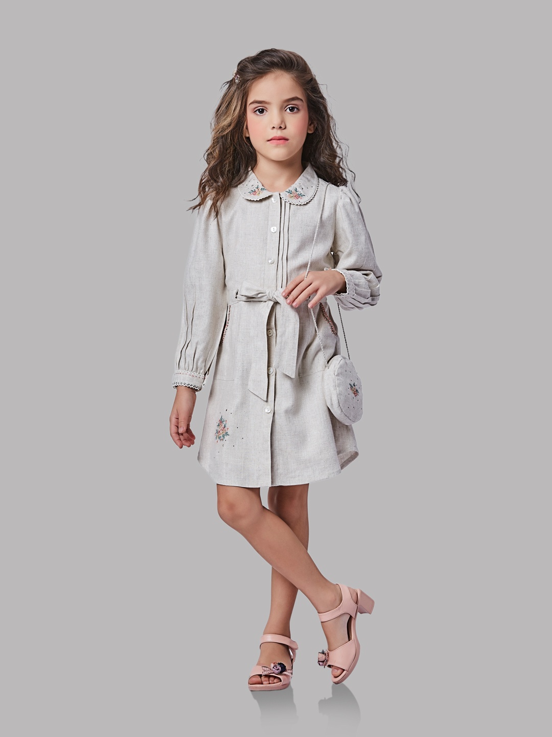 

Peppermint Girls Floral Embroidered Peter Pan Collar Shirt Dress, Beige