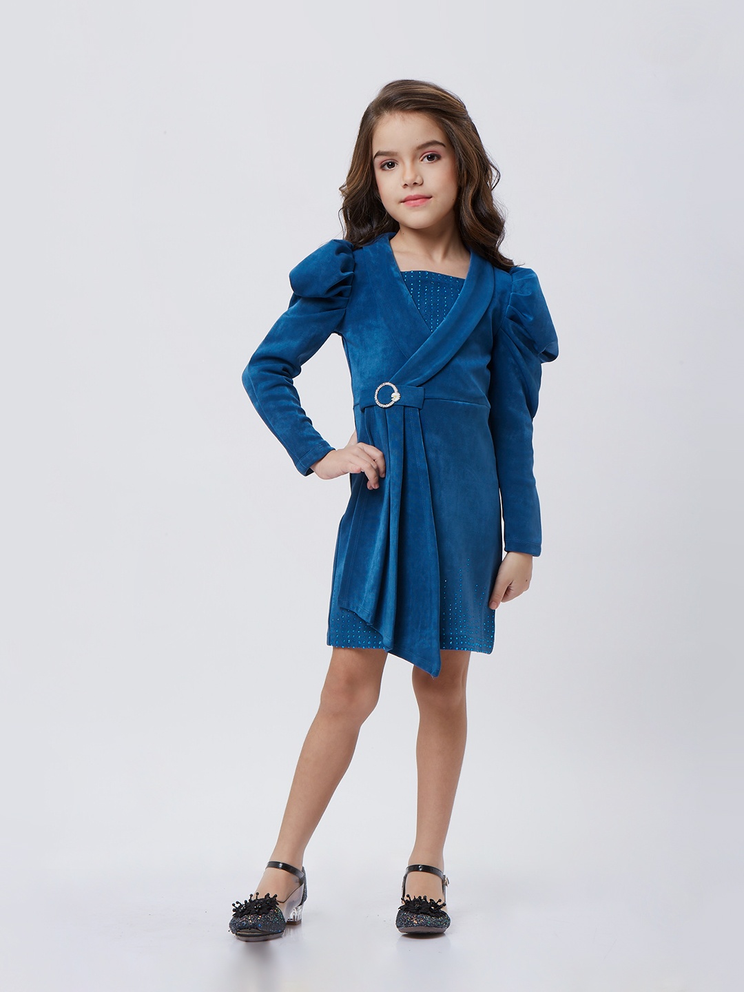 

Peppermint Girls Puff Sleeves Tie-Up Detailed A-Line Dress, Teal