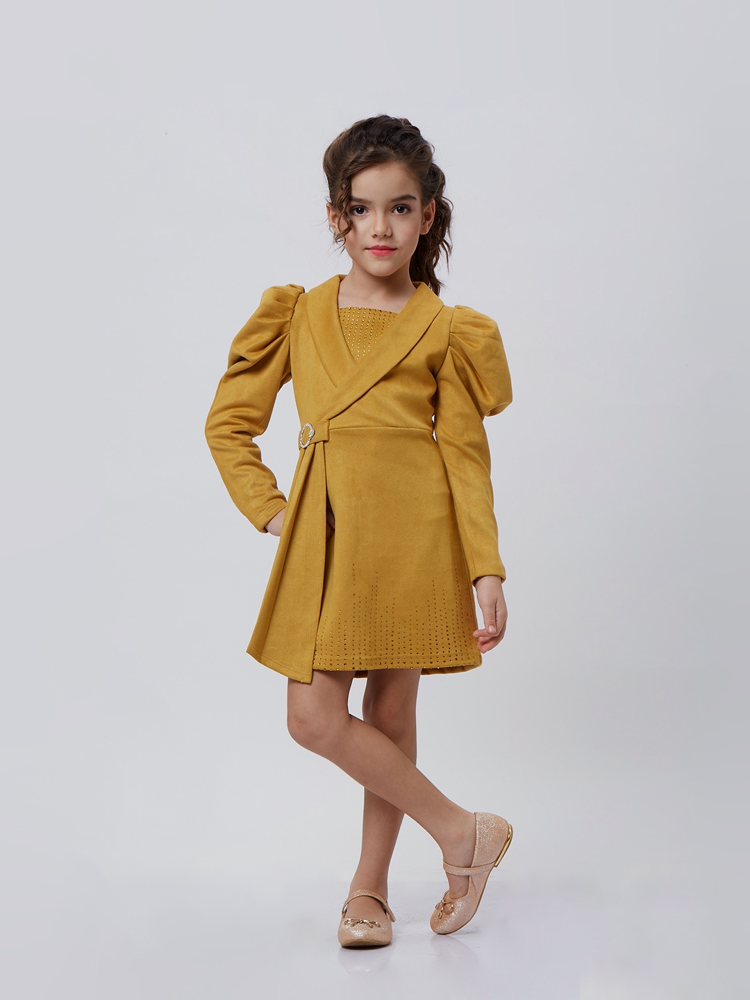 

Peppermint Girls Puff Sleeves Tie-Up Detailed A-Line Dress, Mustard