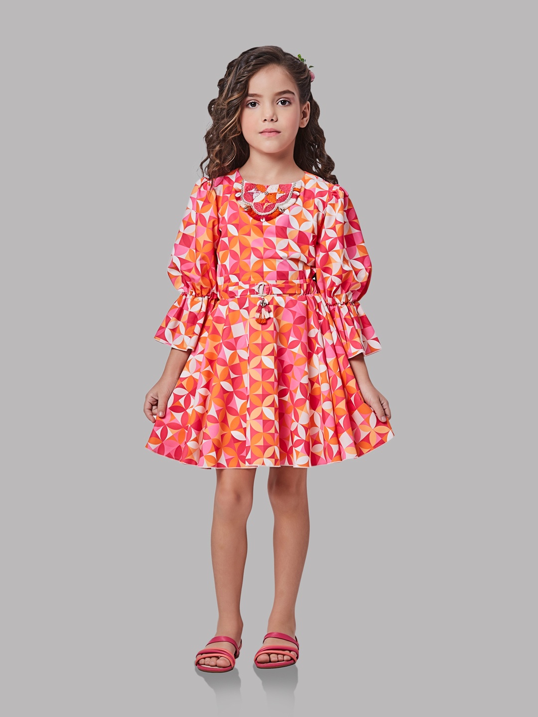 

Peppermint Girls Floral Printed Bell Sleeves Cotton Crepe Fit & Flare Dress, Orange