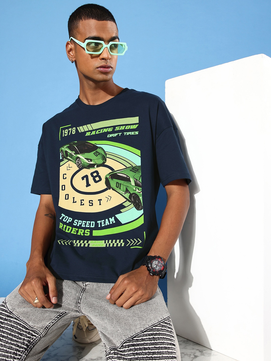 

Stormborn Men Graphic Printed Oversized Drop-Shoulder Sleeves T-shirt, Navy blue