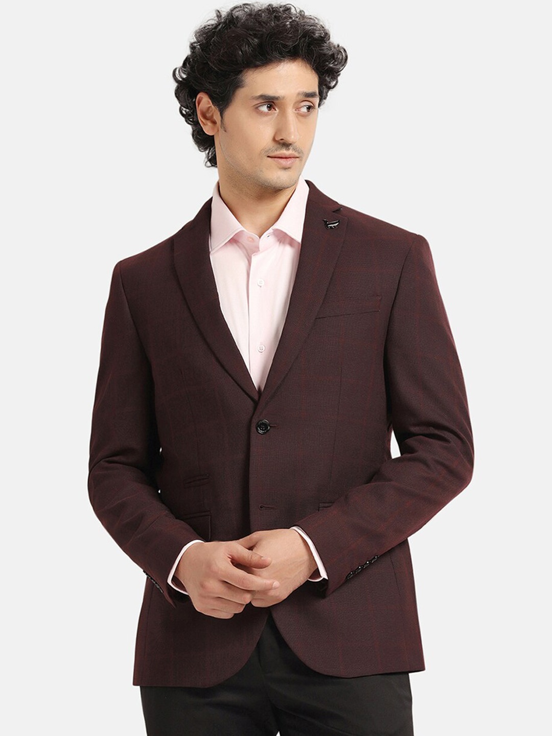 

Blackberrys Checked Notched Lapel Collar Single Breasted Slim-Fit Formal Blazer, Burgundy