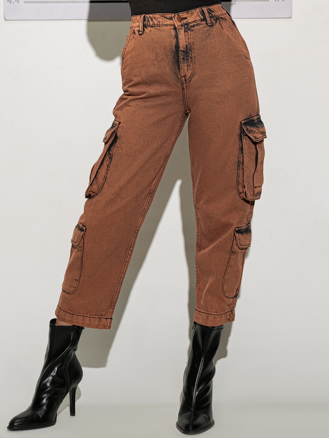 

FREAKINS Women Straight Fit High-Rise Cotton Cargo Jeans, Brown