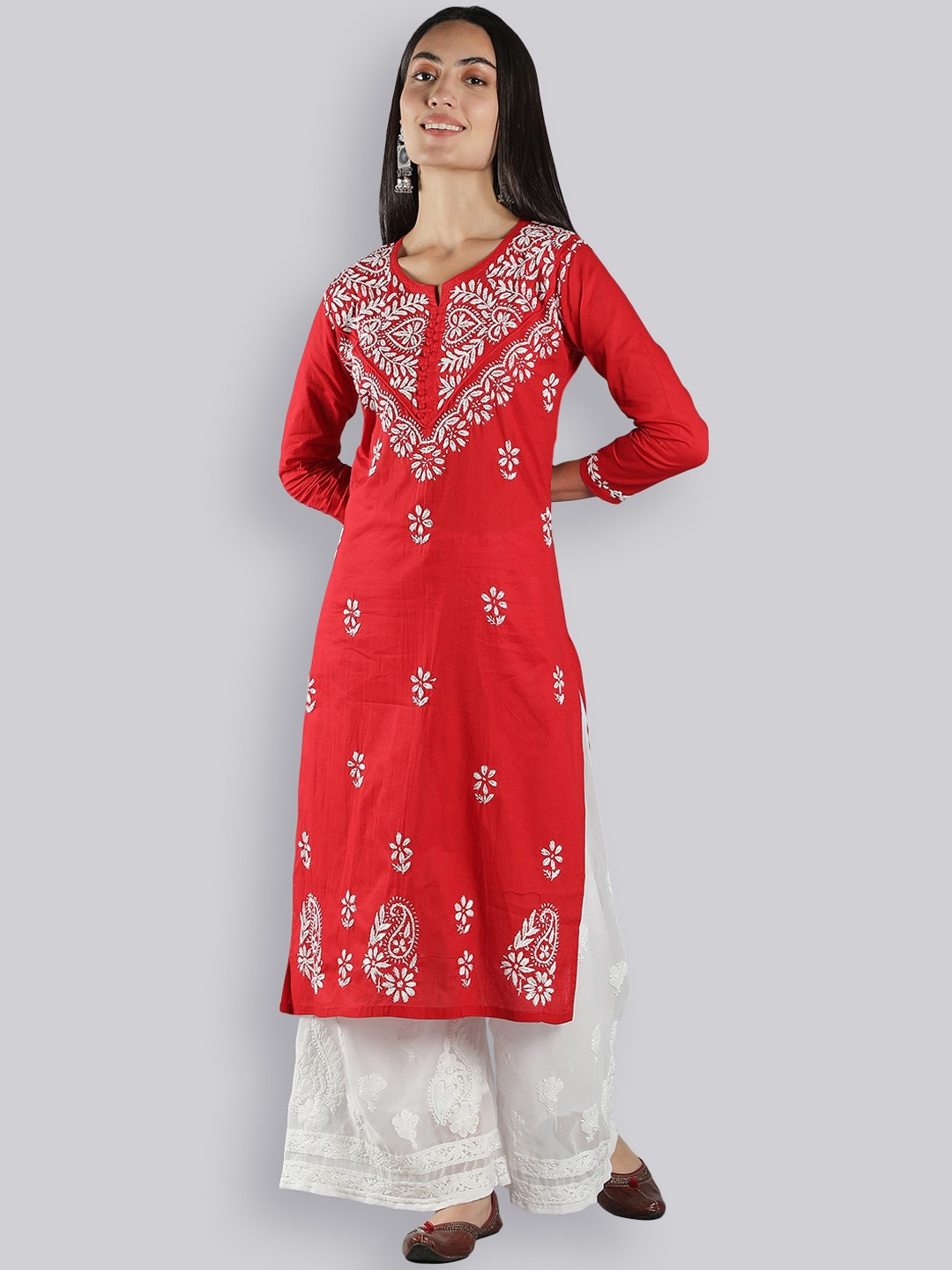 

Seva Chikan Ethnic Motifs Embroidered Chikankari Cotton Straight Kurta, Red