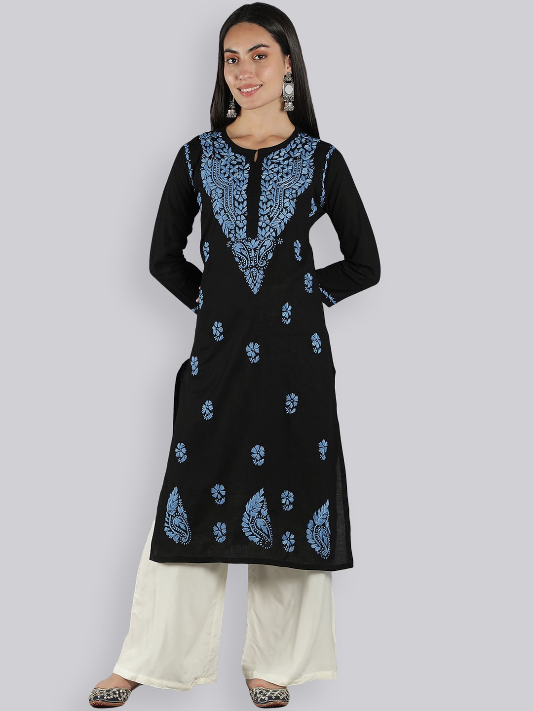 

Seva Chikan Ethnic Motifs Embroidered Chikankari Cotton Straight Kurta, Blue
