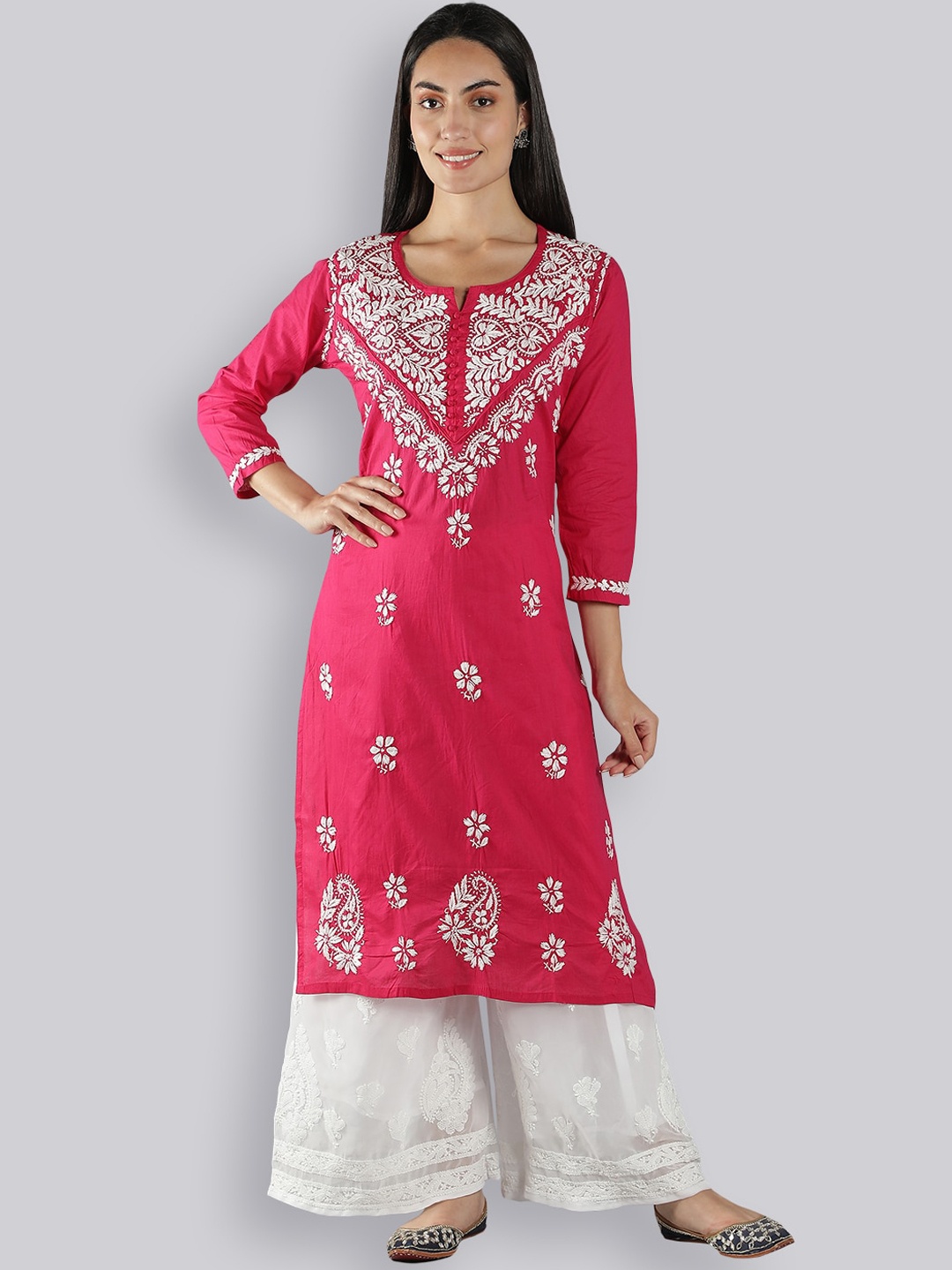 

Seva Chikan Floral Embroidered Lucknowi Chikankari Straight Kurta, Magenta