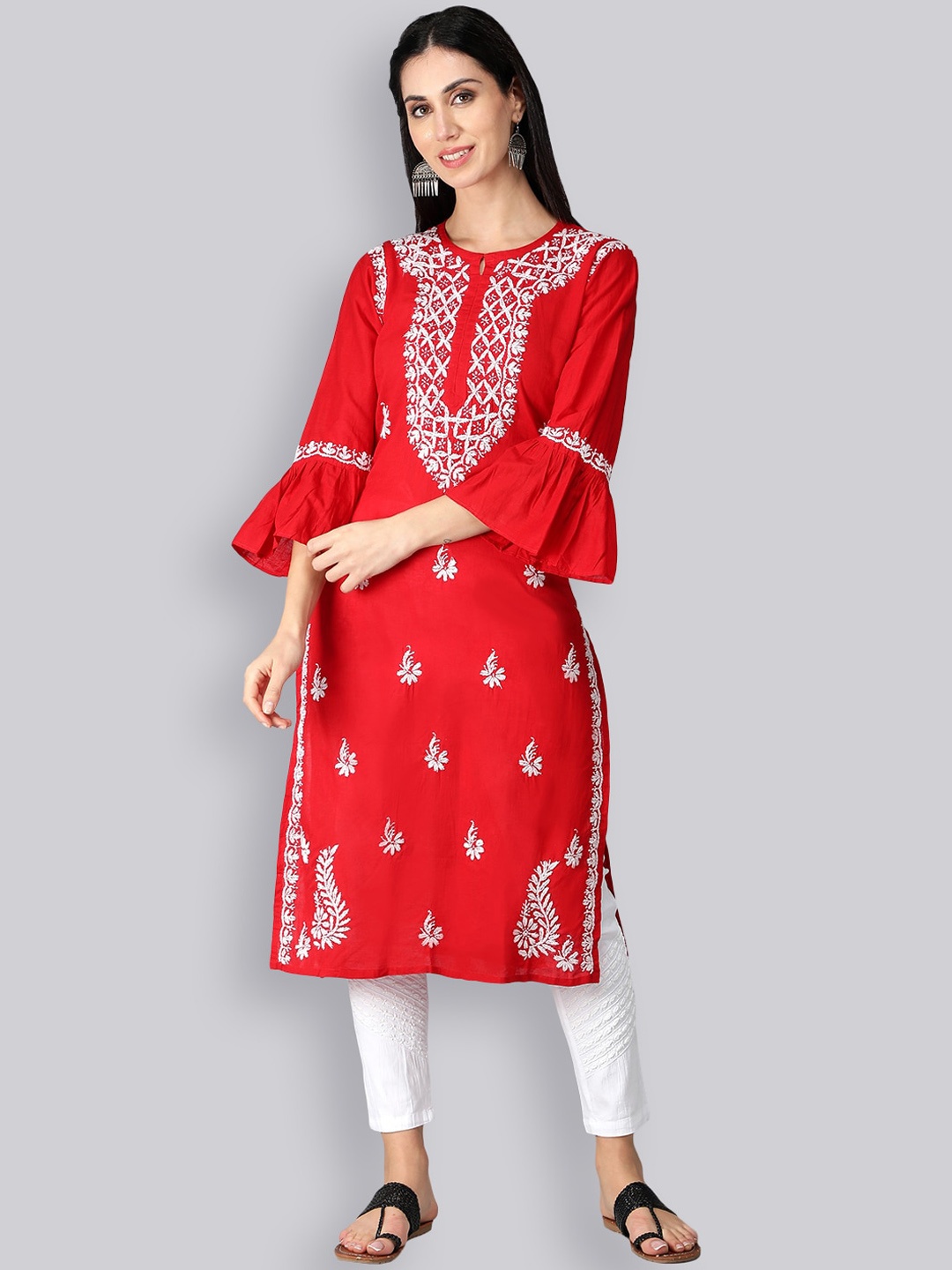 

Seva Chikan Floral Embroidered Bell Sleeves Chikankari Cotton Straight Kurta, Red