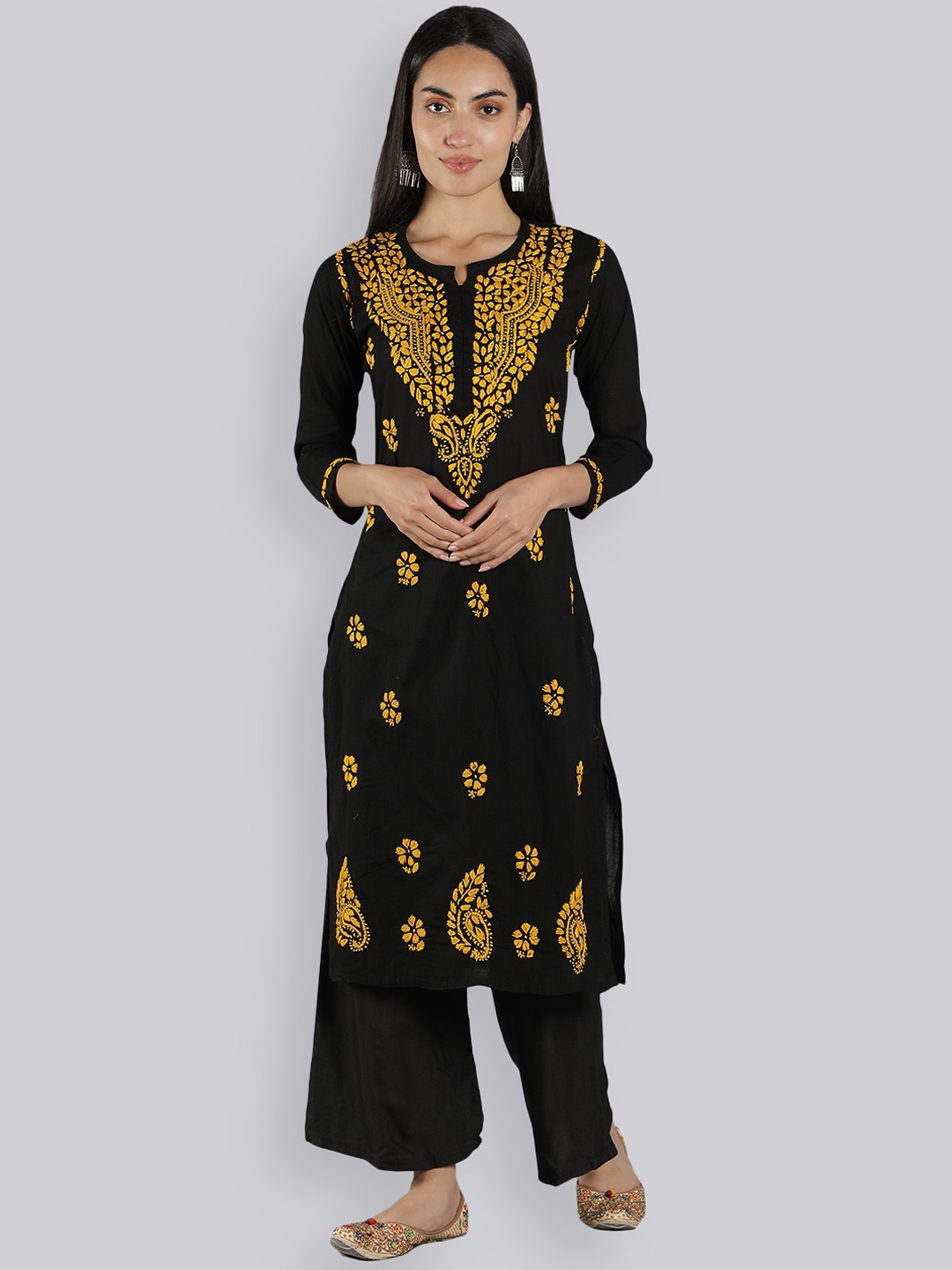 

Seva Chikan Ethnic Motifs Lucknowi Chikankari Embroidered Regular Cotton Kurta, Mustard