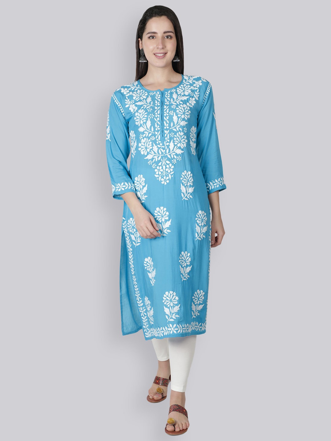 

Seva Chikan Floral Embroidered Modal Chikankari Straight Kurta, Blue