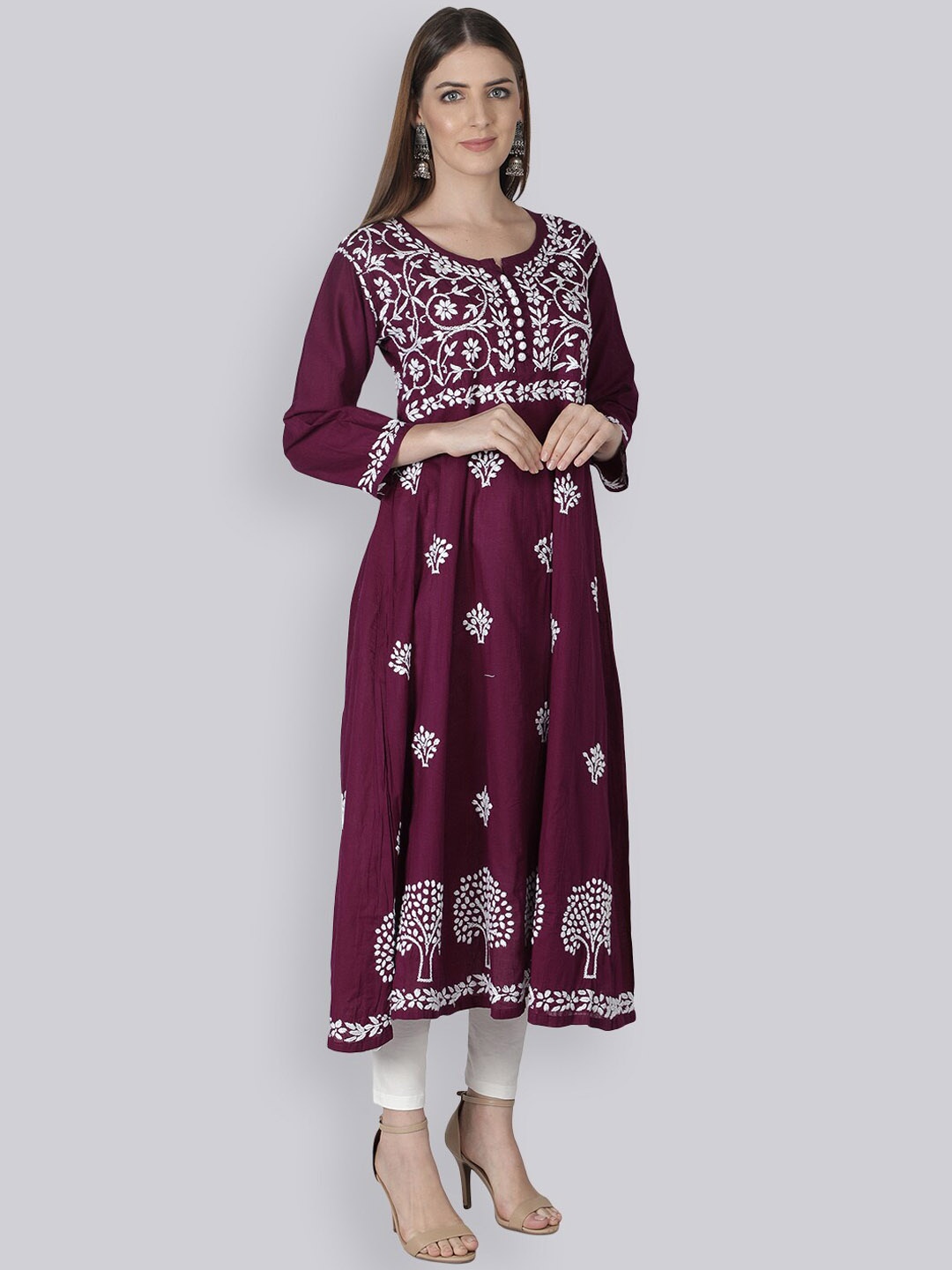 

Seva Chikan Floral Embroidered Chikankari Cotton A-Line Kurta, Purple