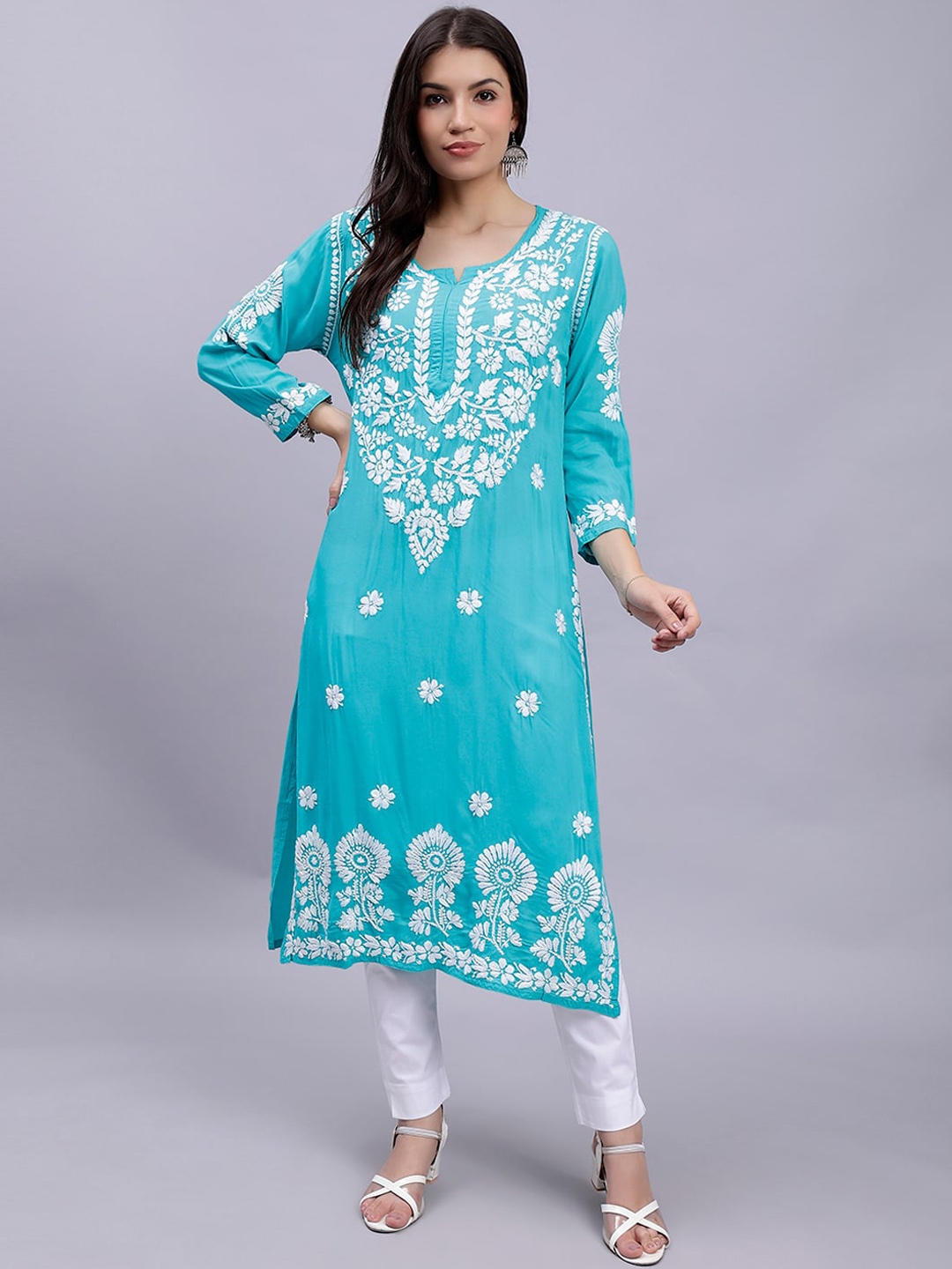 

Seva Chikan Floral Embroidered Chikankari Modal Straight Kurta, Turquoise blue