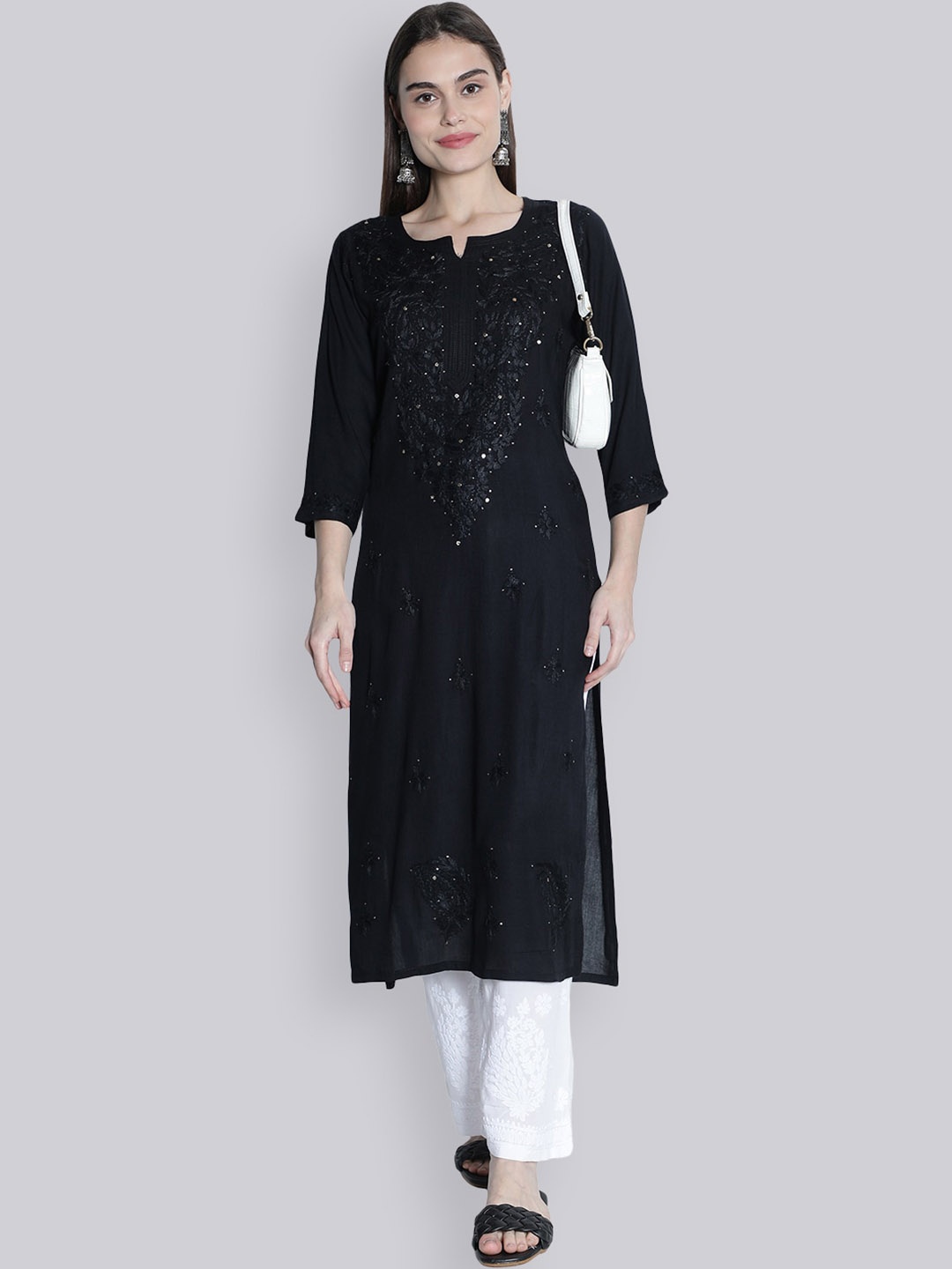 

Seva Chikan Ethnic Motifs Embroidered Chikankari Mukaish Straight Kurta, Black