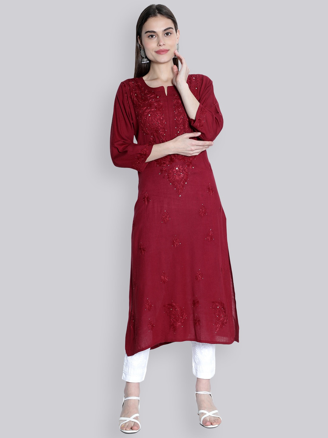 

Seva Chikan Ethnic Motifs Lucknowi Chikankari Embroidered Regular Straight Kurta, Maroon