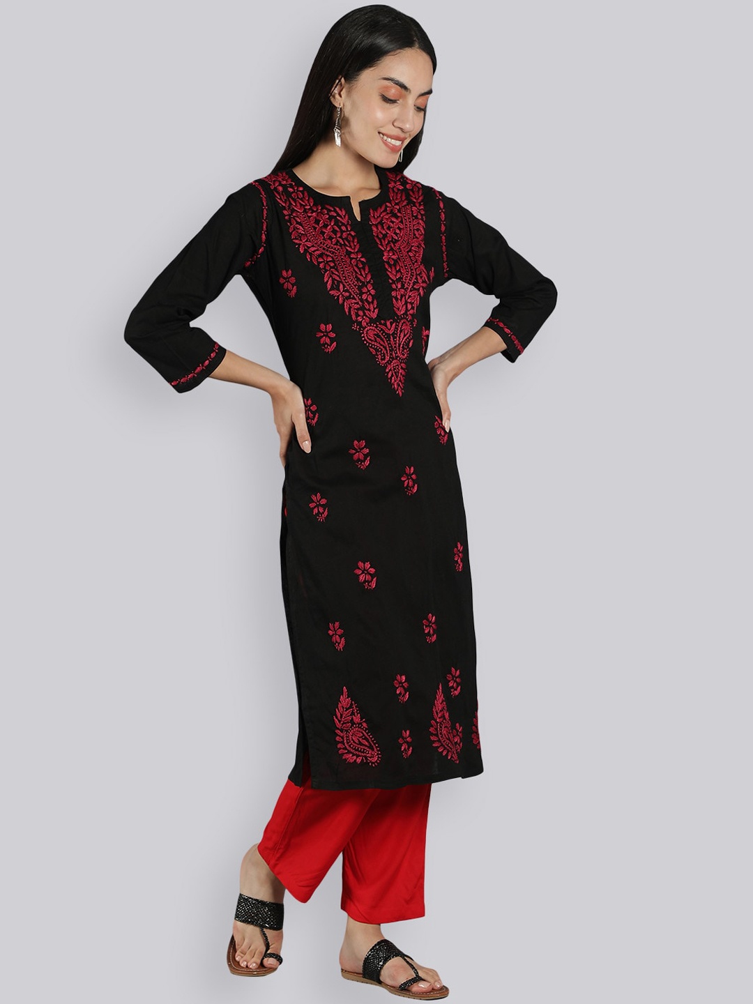 

Seva Chikan Ethnic Motifs Embroidered Chikankari Cotton Kurta, Magenta