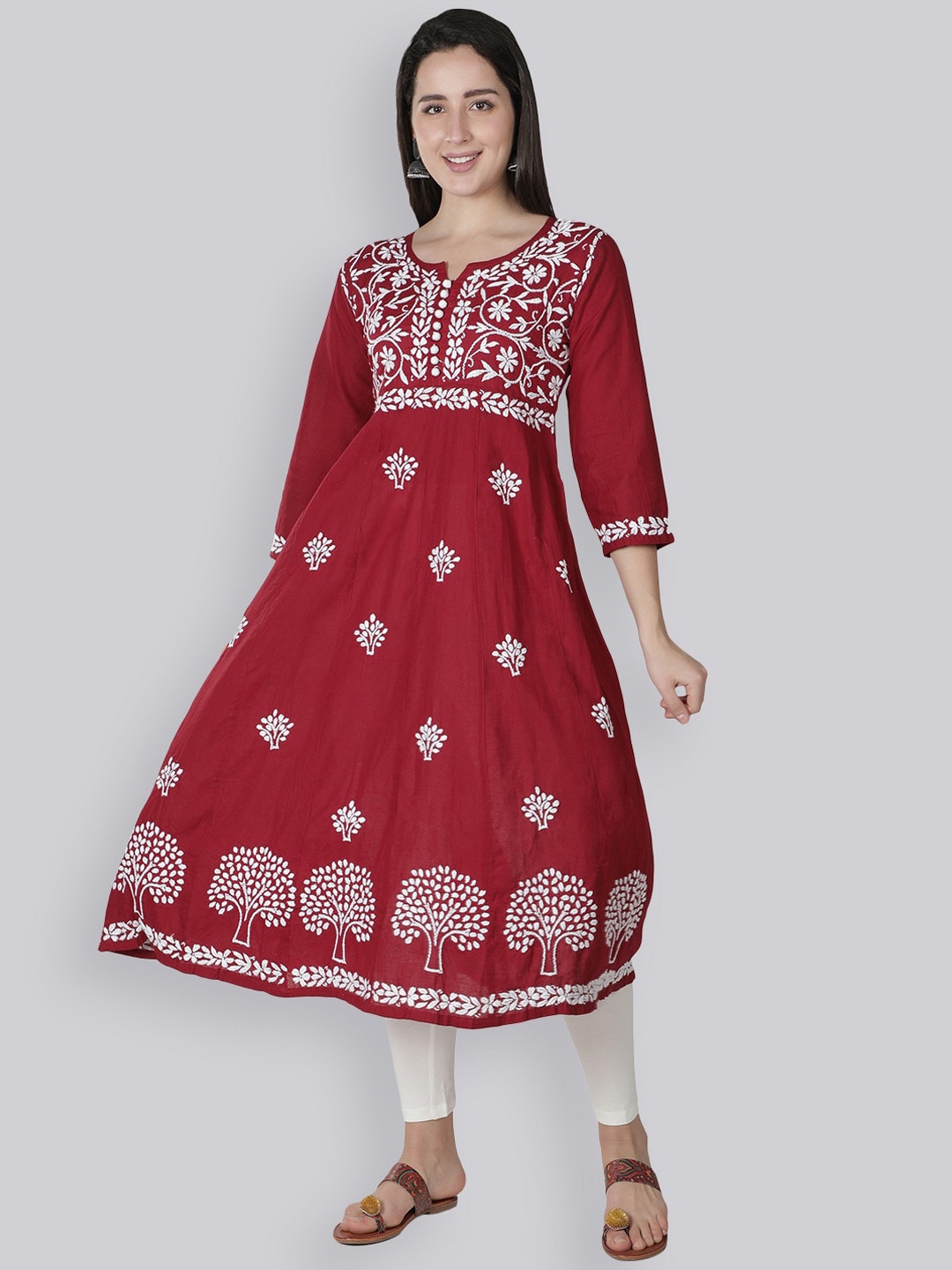 

Seva Chikan Ethnic Motifs Lucknowi Chikankari Embroidered A-Line Cotton Kurta, Red