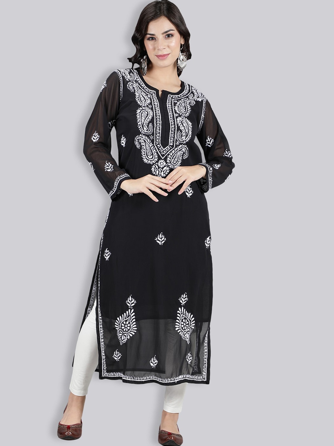 

Seva Chikan Paisley Embroidered Chikankari Georgette Straight Kurta, Black