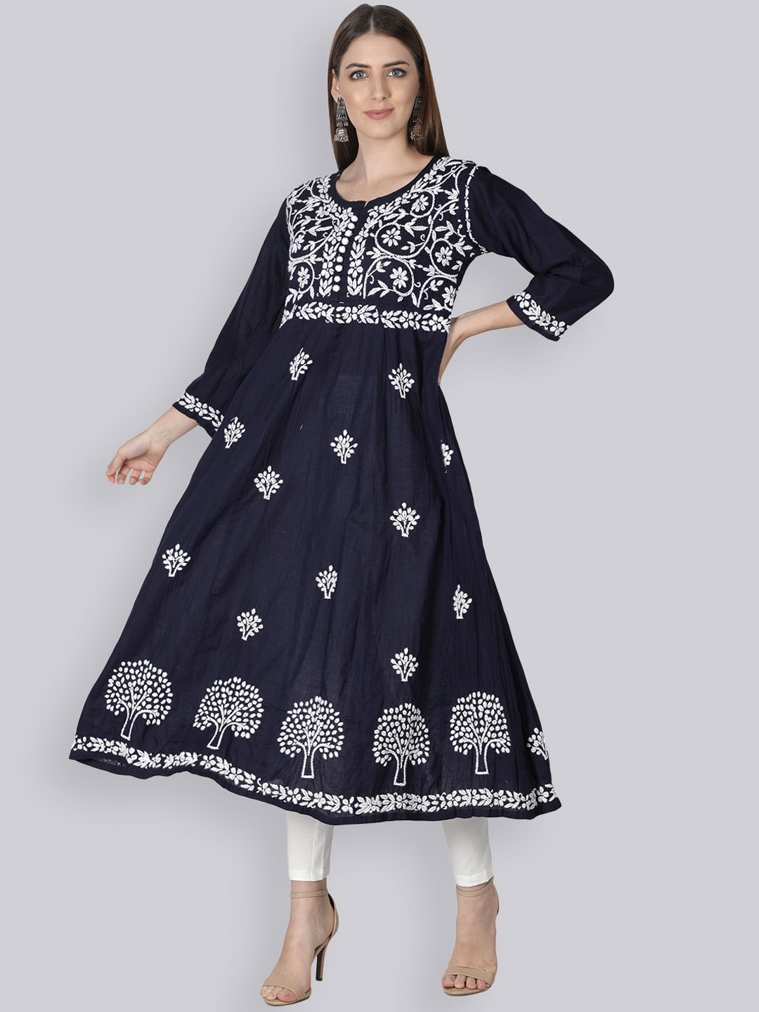 

Seva Chikan Ethnic Motifs Embroidered Lucknowi Chikankari A-Line Kurta, Navy blue