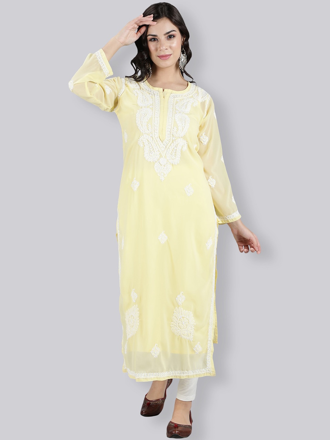 

Seva Chikan Paisley Embroidered Chikankari Georgette Kurta with Slip, Yellow