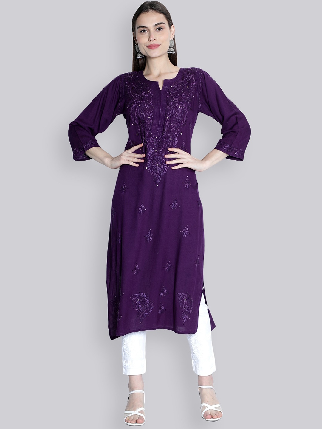 

Seva Chikan Ethnic Motifs Mukaish Embroidered Regular Sequinned Kurta, Purple