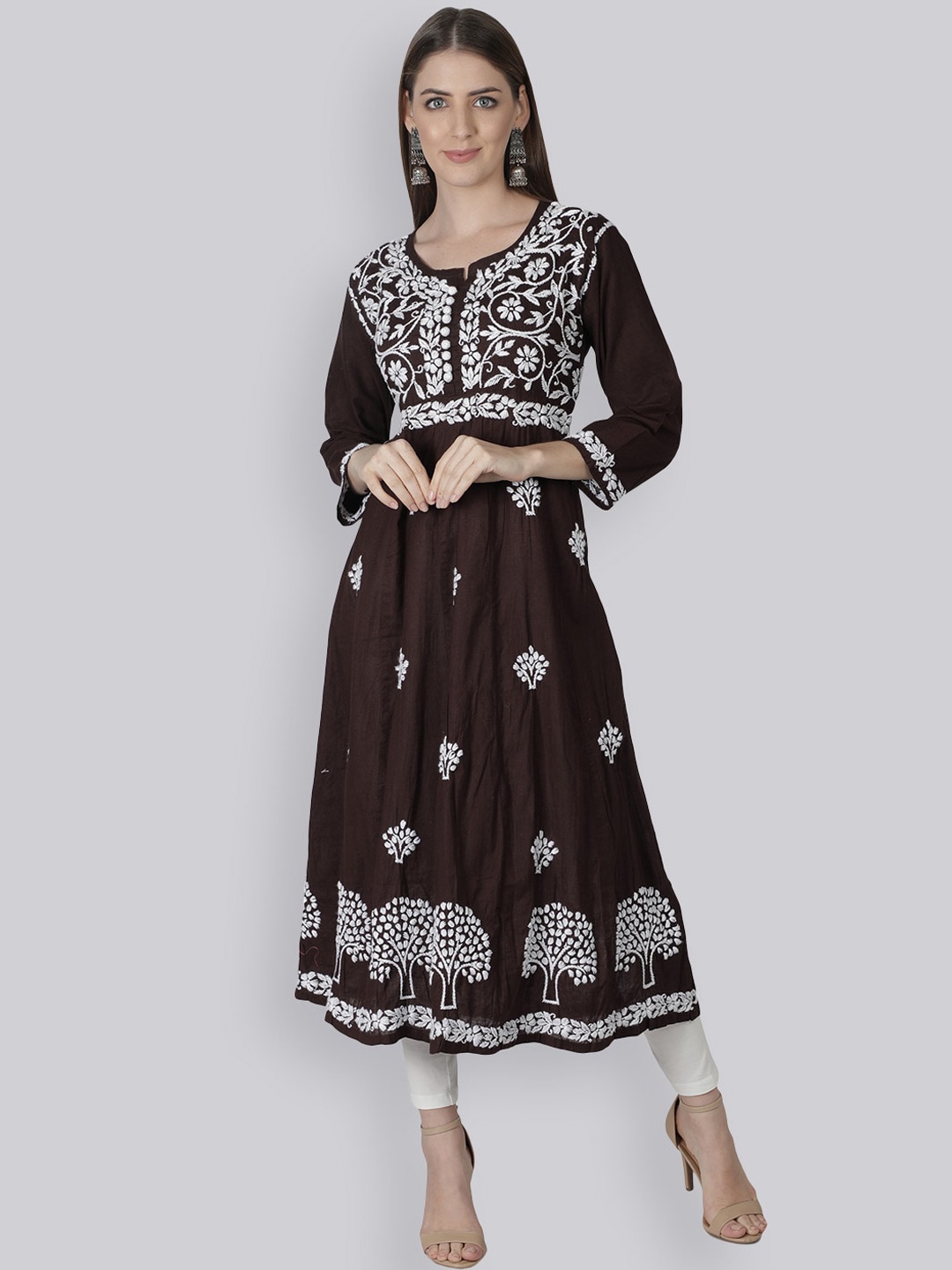

Seva Chikan Floral Embroidered Chikankari Cotton A-Line Kurta, Brown