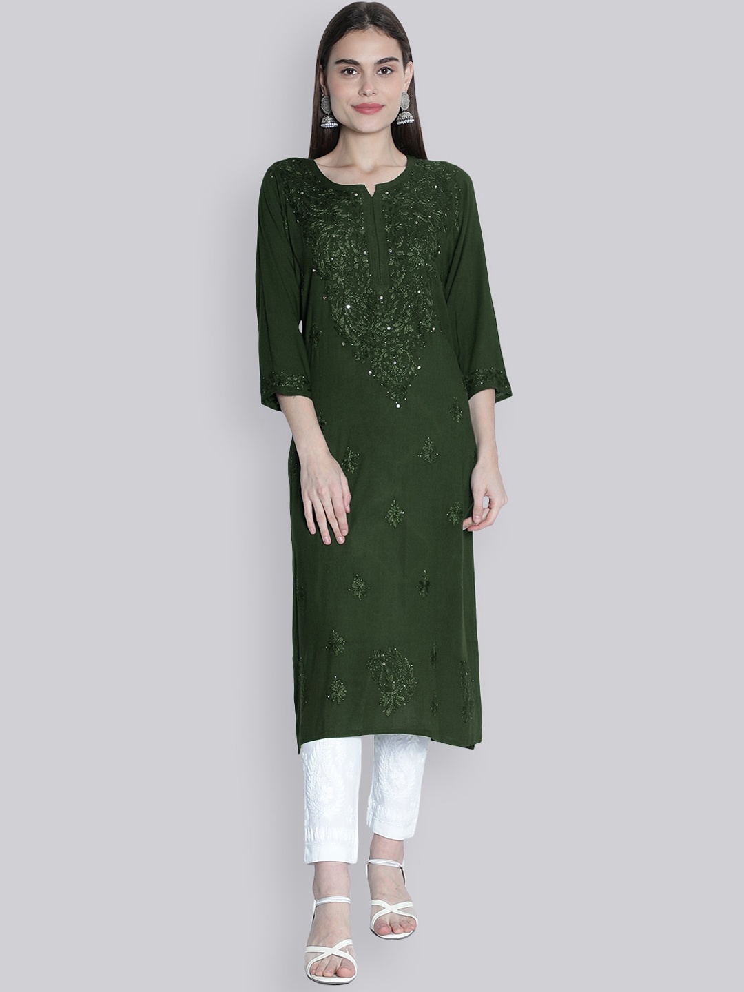 

Seva Chikan Ethnic Motifs Lucknowi Chikankari Embroidered Sequinned & Mukaish Kurta, Green