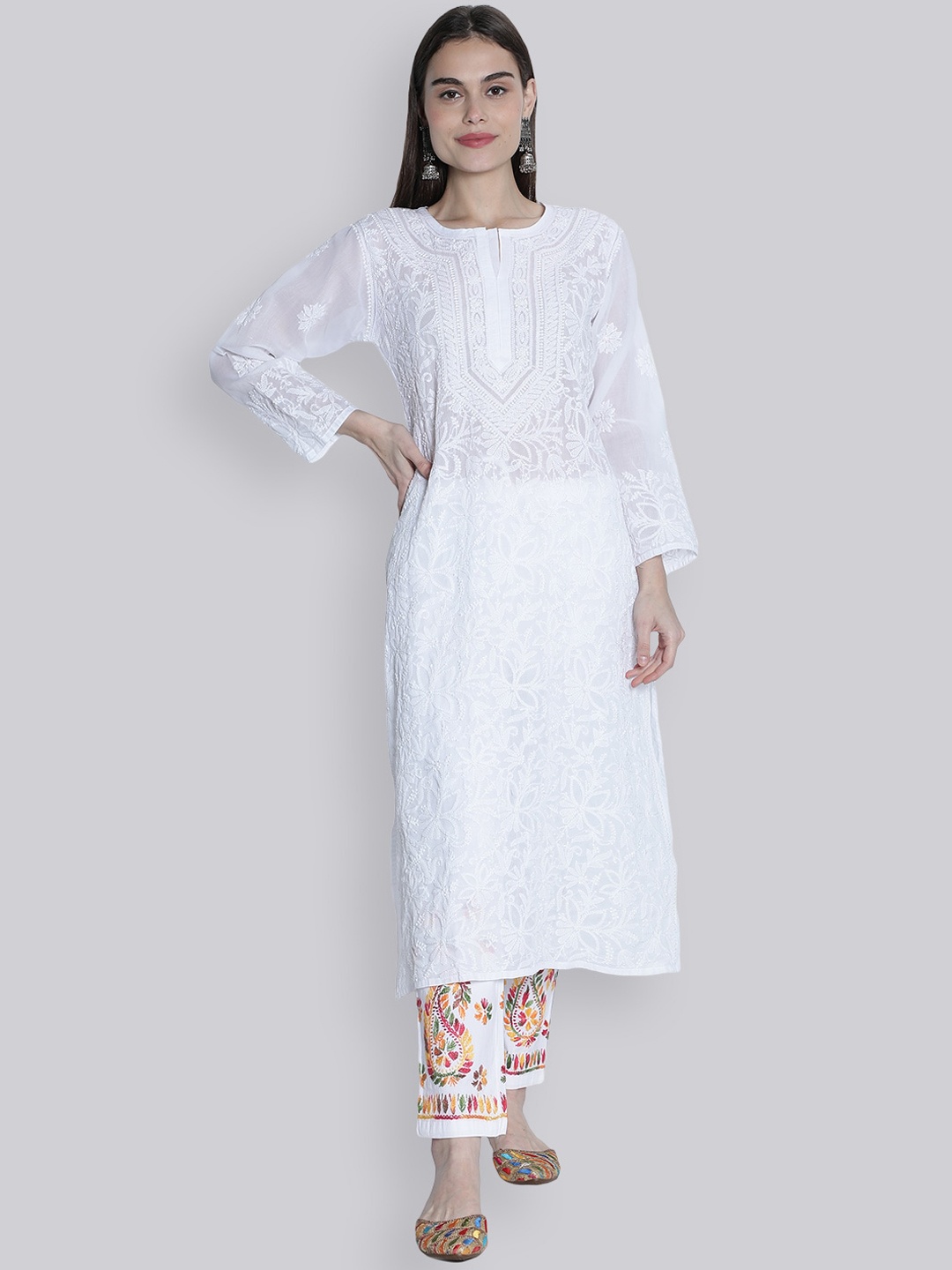 

Seva Chikan Ethnic Motifs Embroidered Lucknowi Chikankari Straight Kurta, White