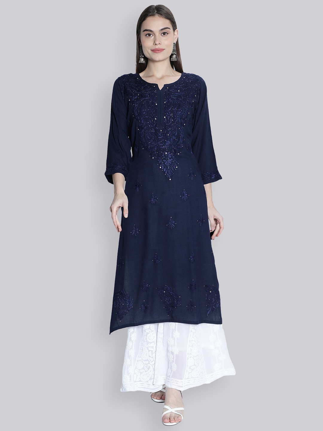 

Seva Chikan Ethnic Motifs Embroidered Lucknowi Chikankari Sequinned & Mukaish Kurta, Navy blue