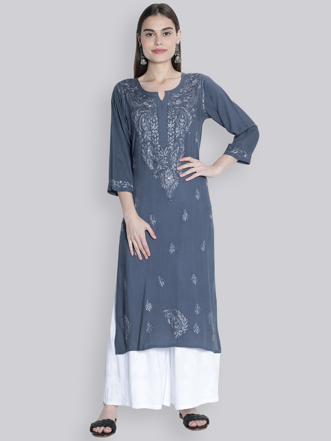 

Seva Chikan Ethnic Motifs Embroidered Lucknowi Chikankari Straight Kurta, Grey