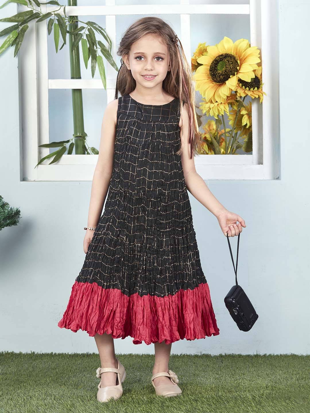 

Lil Peacock Checked Fit & Flare Maxi Dress, Black