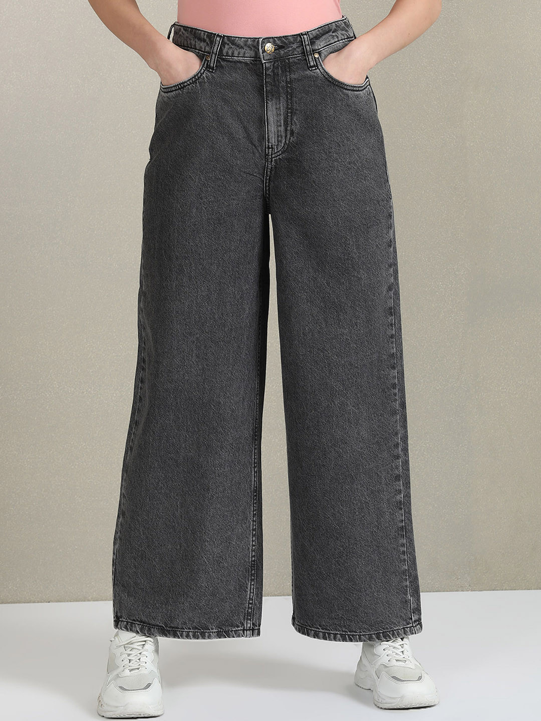 

U.S. Polo Assn. Women Wide Leg Heavy Fade Clean Look Pure Cotton Jeans, Grey