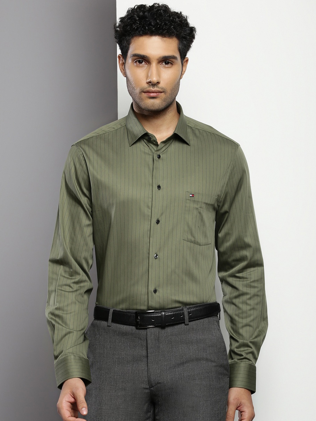 

Tommy Hilfiger Striped Pure Cotton Formal Shirt, Olive