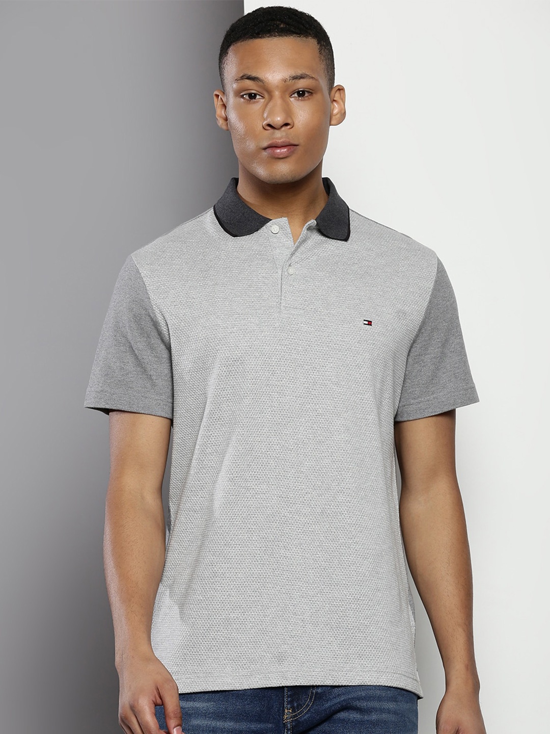 

Tommy Hilfiger Self Design Polo Collar Pure Cotton T-shirt, Grey