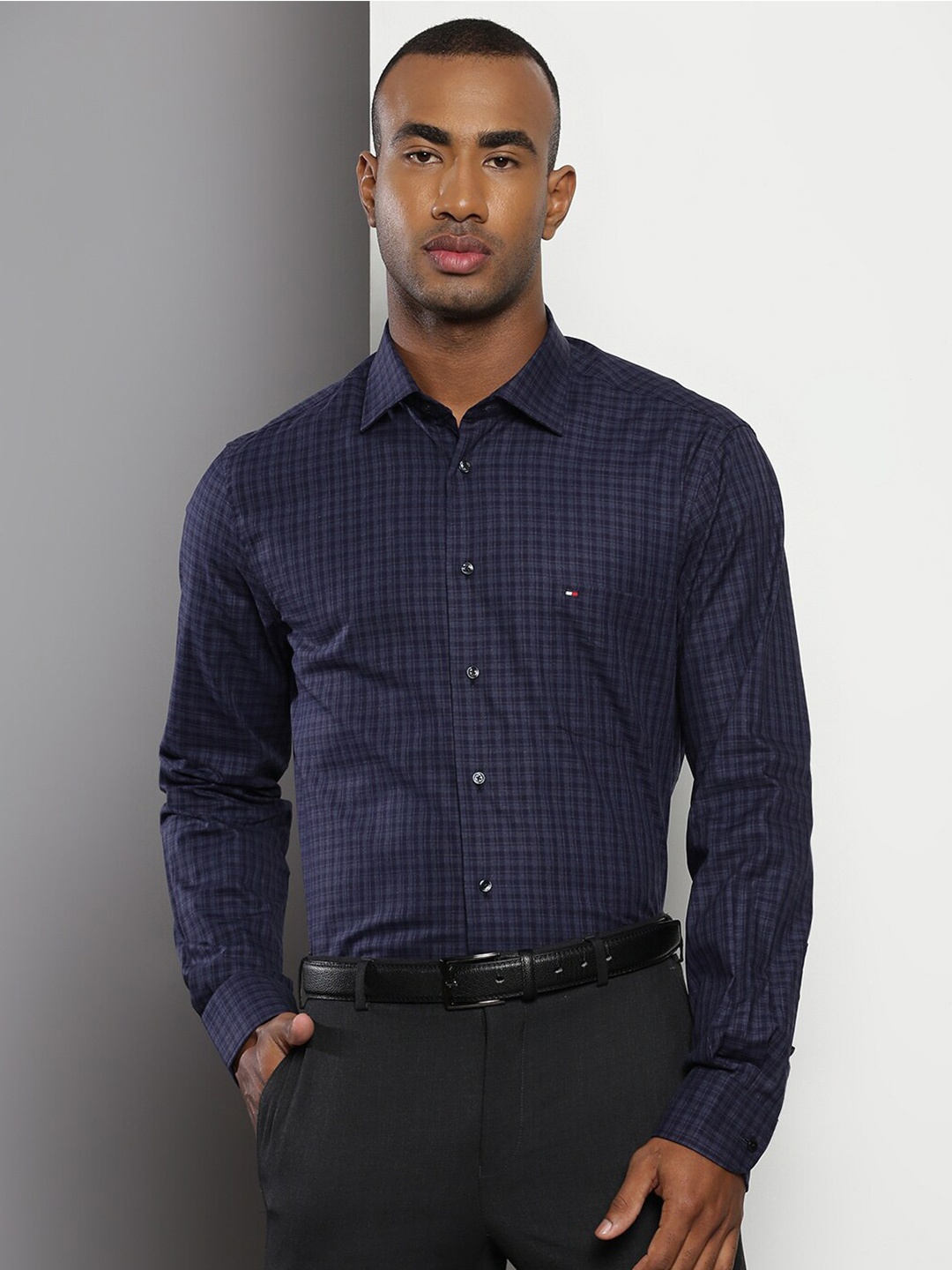 

Tommy Hilfiger Checked Spread Collar Pure Cotton Formal Shirt, Navy blue