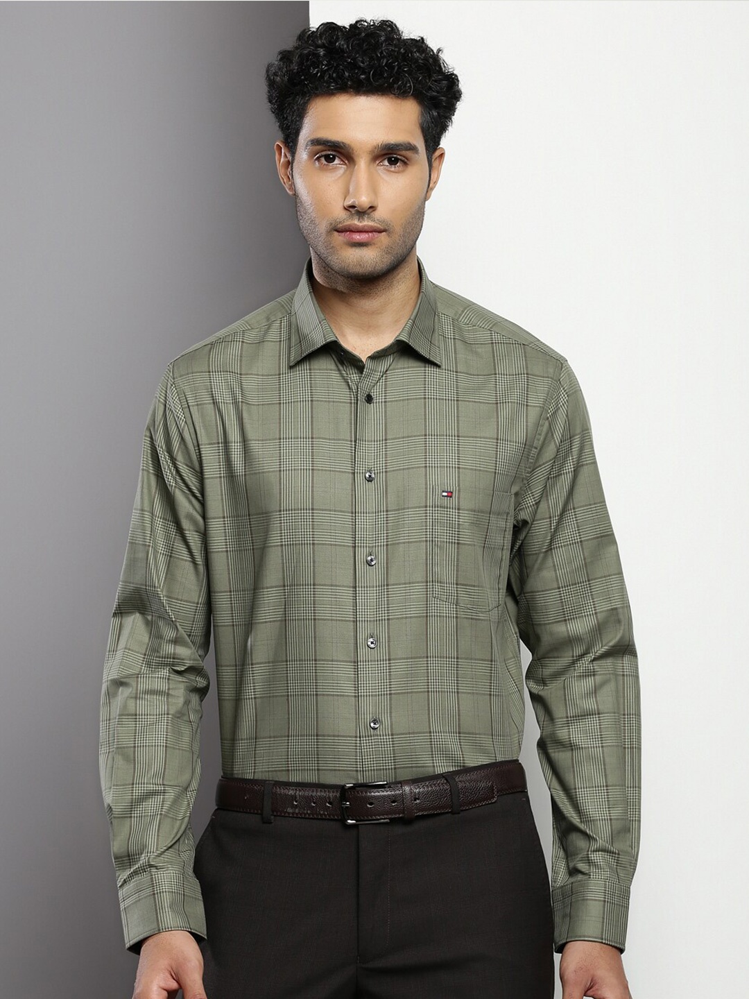 

Tommy Hilfiger Checked Spread Collar Pure Cotton Formal Shirt, Olive