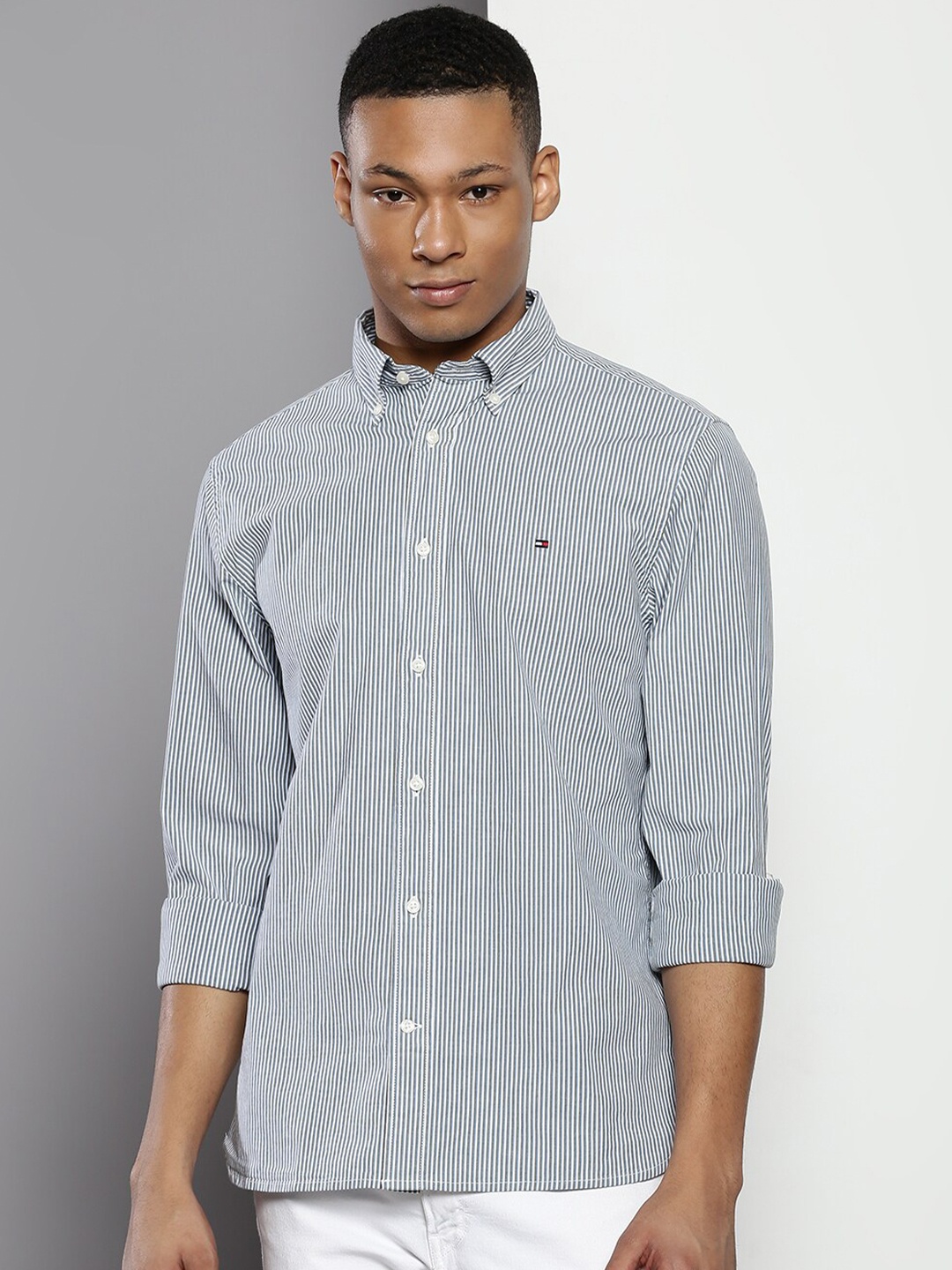 

Tommy Hilfiger Striped Button Down Collar Casual Shirt, Grey