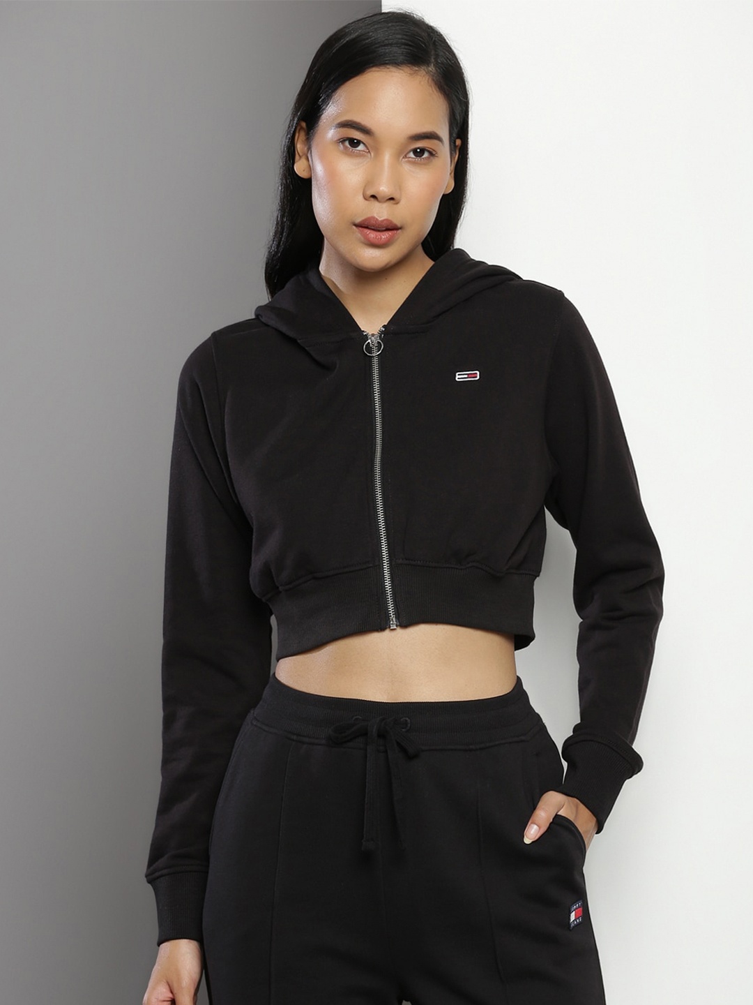 

Tommy Hilfiger Hooded Crop Front-Open Sweatshirt, Black