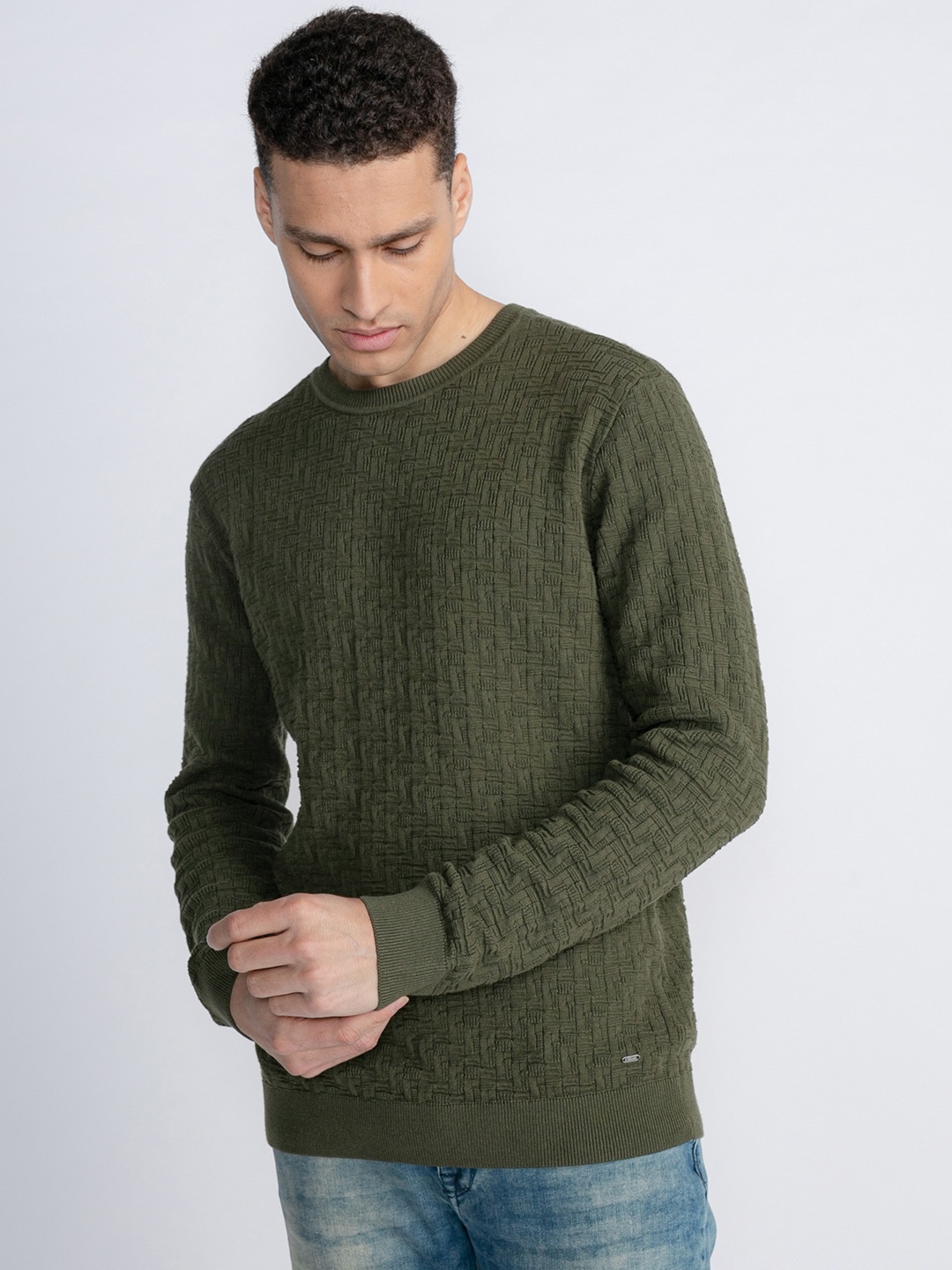 

Petrol Geometric Self-Design Round-Neck Pure Cotton Pullover, Olive