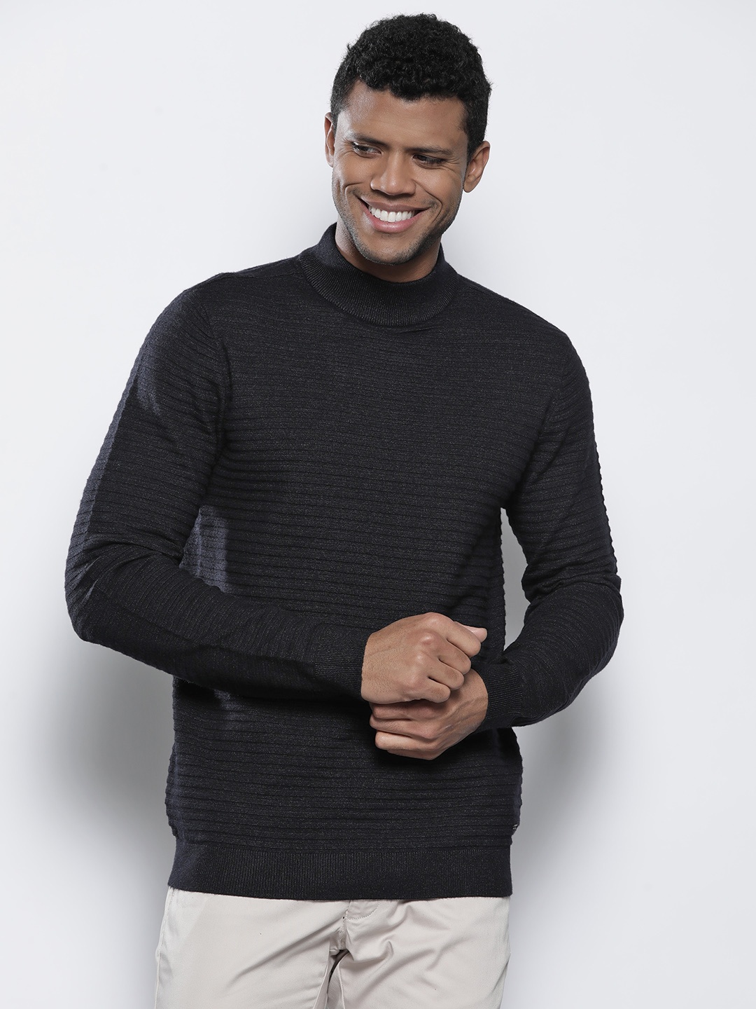 

Petrol Self Design Striped High Neck Pullover, Black