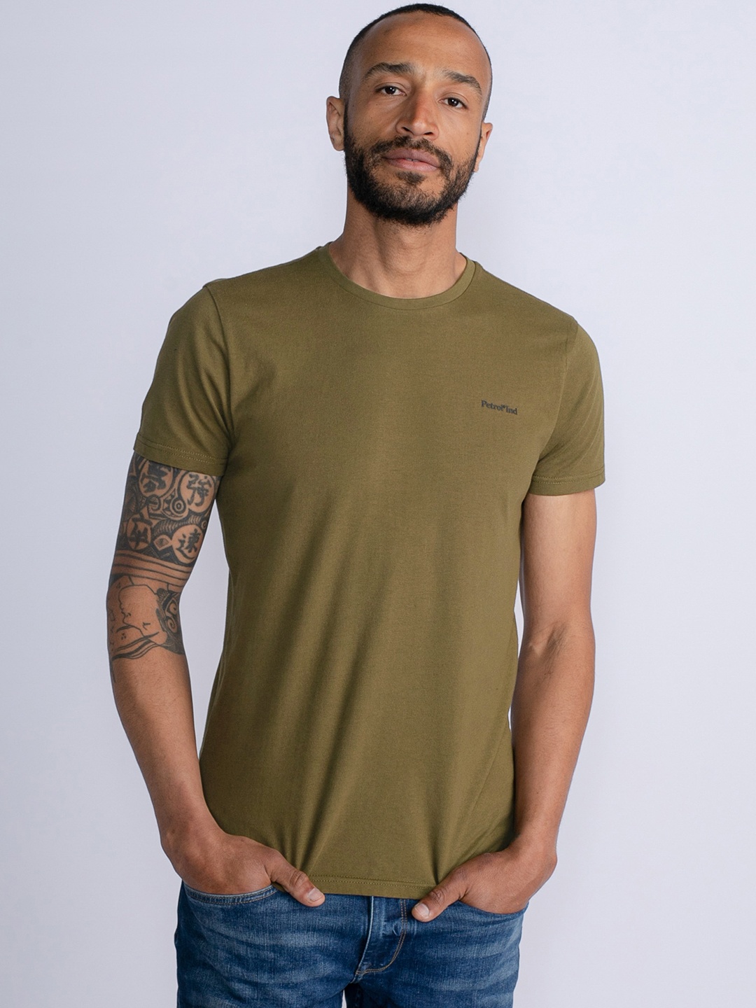 

Petrol Round-Neck Pure Cotton T-shirt, Olive