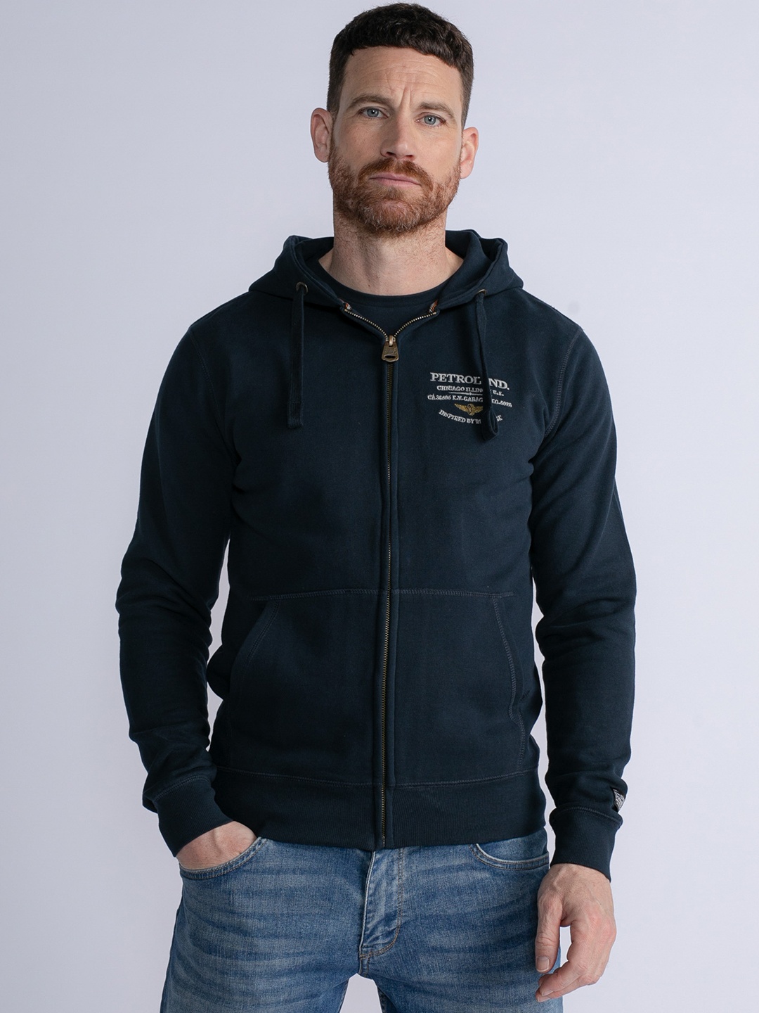 

Petrol Enbroidered Detail Front-Open Hooded Sweatshirt, Black