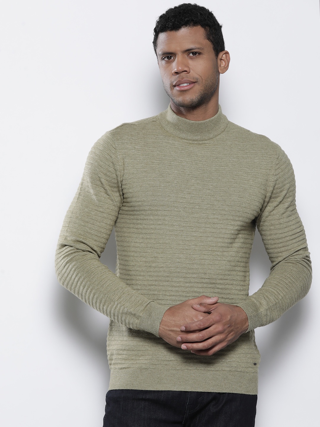 

Petrol Self Design Striped High Neck Pullover, Olive