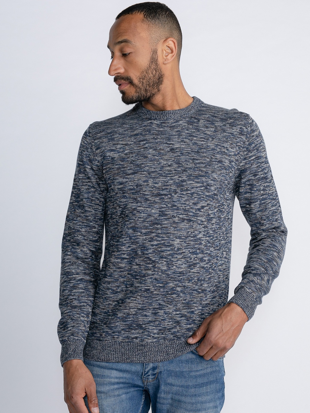 

Petrol Melange Effect Pure Cotton Self Design Pullover, Blue