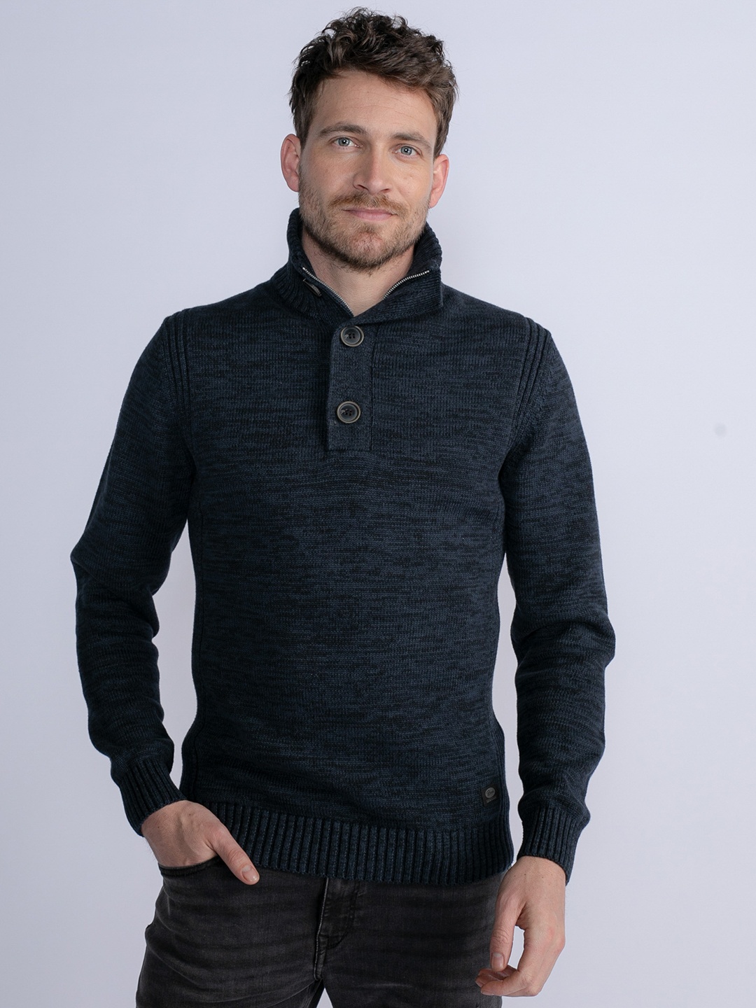 

Petrol Mock Collar Pure Cotton Pullover, Navy blue