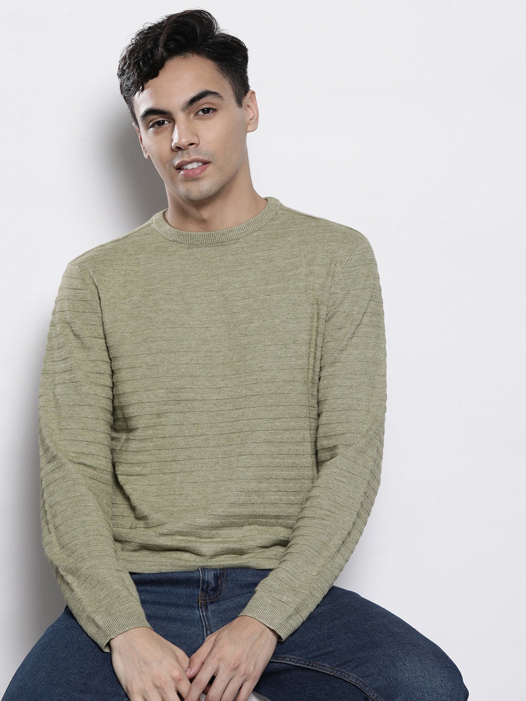 

Petrol Round Neck Self-Striped Pullover, Taupe