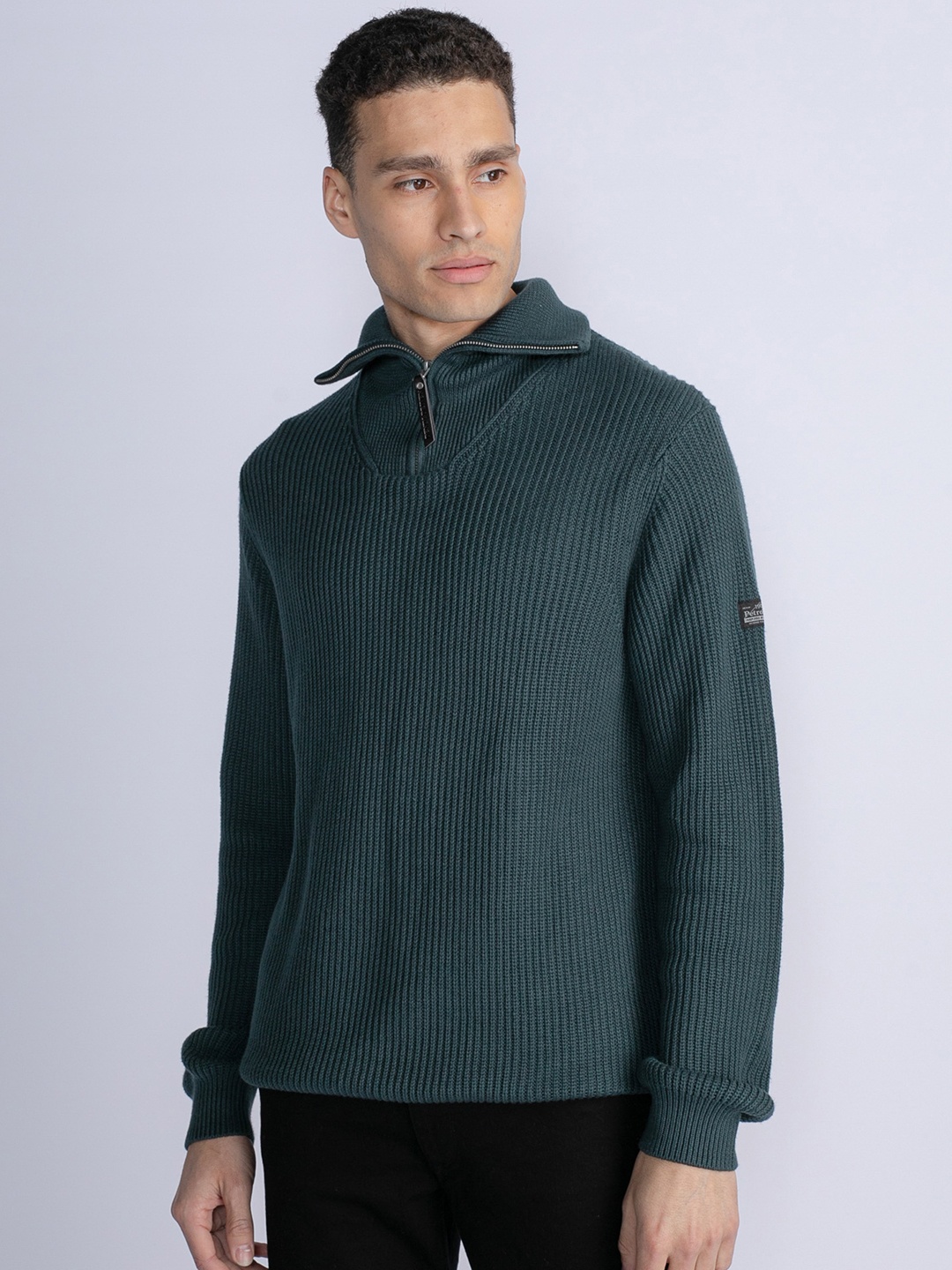 

Petrol Cable Knit Half Zipper Pullover, Teal