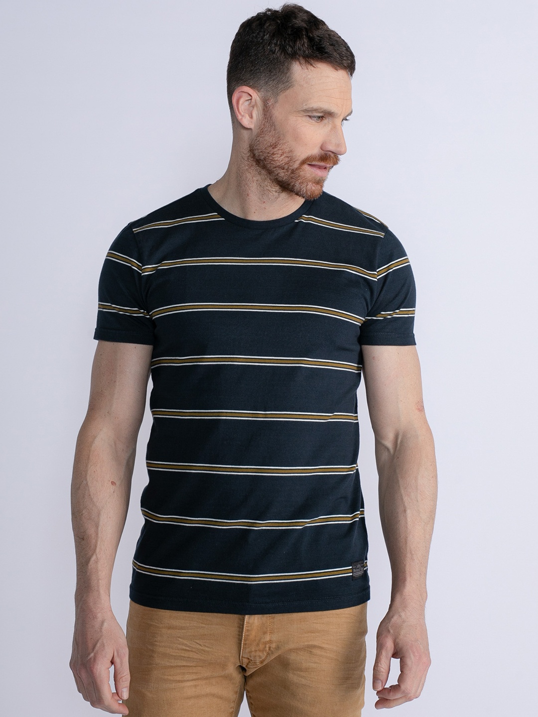 

Petrol Striped Pure Cotton T-shirt, Navy blue